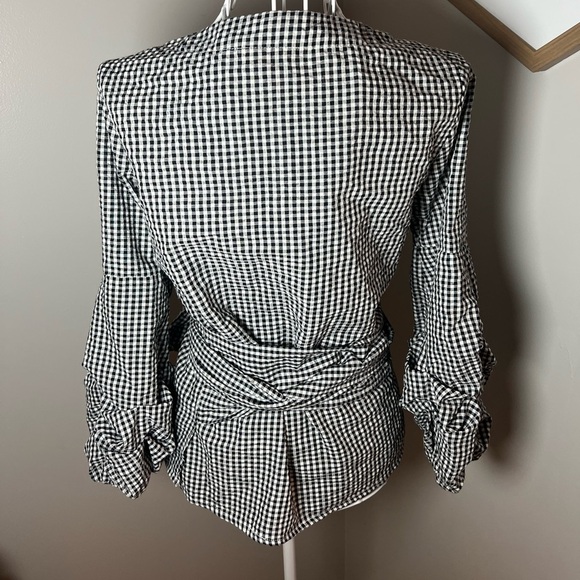 Esqualo Gingham Black White Checkered Wrap Puff Sleeve V Neck Blouse Sz 4 Cotton - Picture 2 of 6